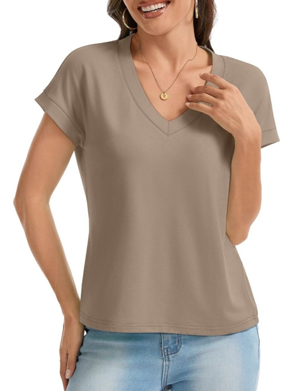 〽️Women's Khaki V Neck Cap Sleeve Summer Basic Loose Fit Pull On Crop Tops